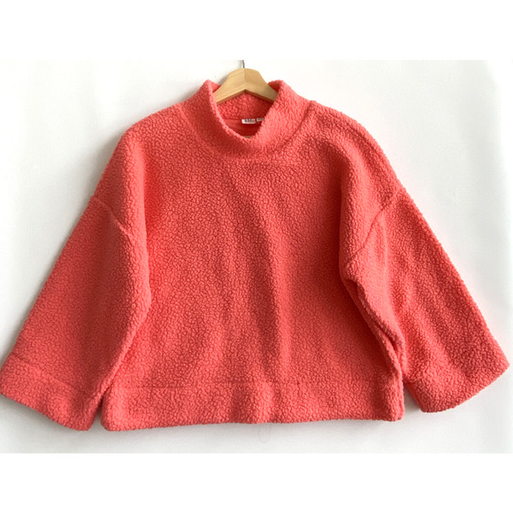 GAP Vibrant Coral Orange Boxy Pullover Sherpa Sweater Mock Neck Size S - Picture 2 of 5